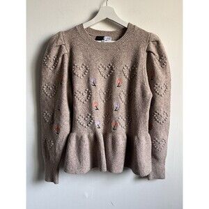 Piper & Scoot Sweater Puff Sleeve Floral Embroidery Cream Beige Sz M